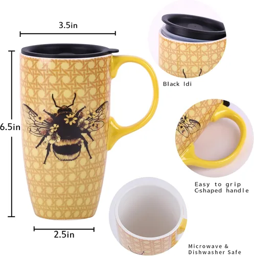 Vista 9 de DUSVALLY Taza de cerámica grande Taza de café alta Tazas de viaje de porcelana Taza de café con tapa de 17 onzas, Abeja