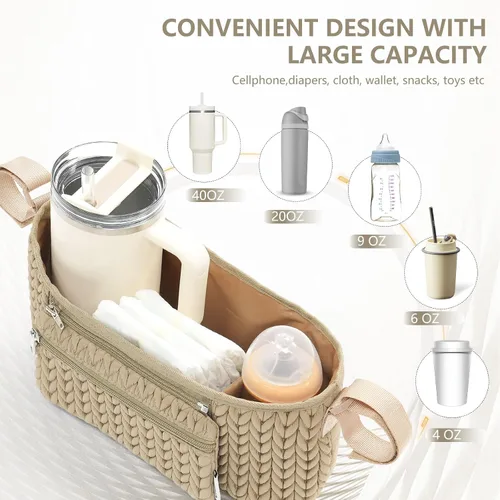Vista 5 de Organizador de cochecito - Elegante nailon acolchado en espiga 3D, ajuste universal, bolsa desmontable, almacenamiento múltiple ajustable