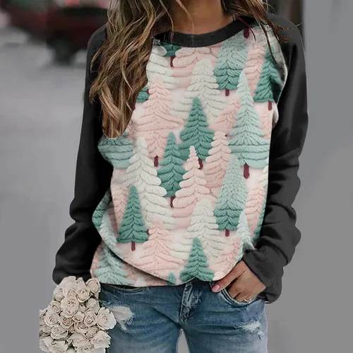 Vista 2 de Comigeewa Sudadera con cuello redondo y estampado 3D para mujer, túnicas de retazos de Navidad, camisetas de manga larga