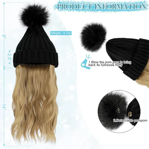 Vista 3 de Gorro de peluca con extensiones de cabello largo ondulado – Gorro de punto acanalado con pompón unido 14 pulgadas rizado sintético postizo