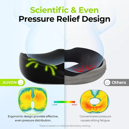 Vista 5 de AUVON Almohada de dónut innovadora para hemorroides con orificio científico y recorte para el coxis, cojín ortopédico con forma de dónut para alivio