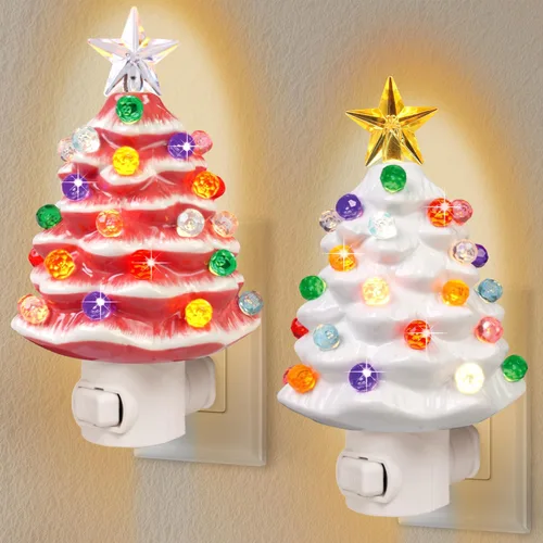 Vista 9 de Luz nocturna de cerámica para árbol de Navidad, paquete de 2 luces nocturnas de Navidad con enchufe de 6.3 pulgadas, árboles de Navidad de cerámica