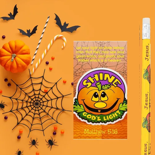 Vista 3 de Biblebanz 24 juegos de lápices de calabaza cristiana con Let Your Light Shine a granel calabaza Halloween tarjetas de bolsillo tronco o golosina
