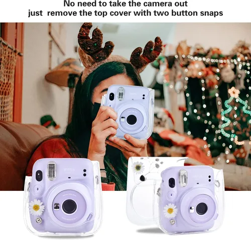 Vista 3 de Mini11 - Funda transparente para Instax Mini 11/9/8/8+/40 Cámara instantánea con flores secas de PVC con correa ajustable