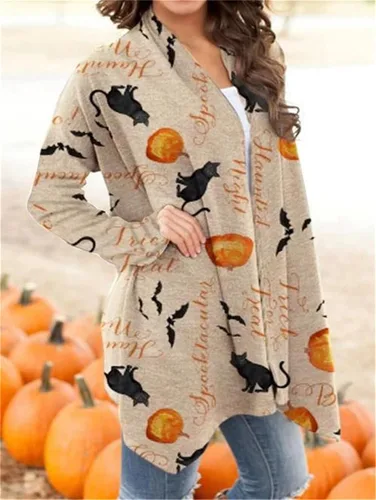Vista 3 de Cárdigan de calabaza de Halloween para mujer, estampado S-5XL, cárdigan de punto casual liso, suéter de frente abierto, acogedor y elegante