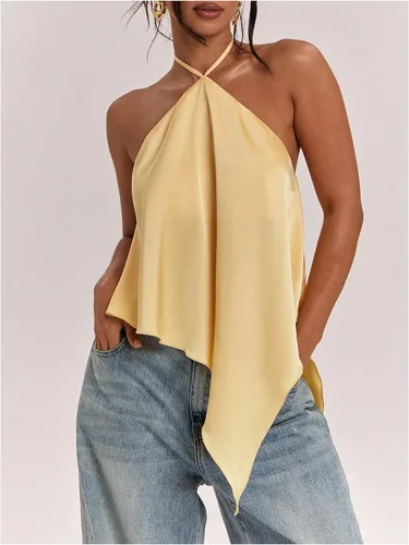 Vista 4 de Verdusa Top halter asimétrico de satén para mujer Amarillo claro