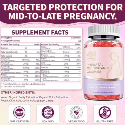 Vista 2 de Gomitas multivitamínicas prenatales para mujeres, ácido fólico, DHA y más, apoyo para el bienestar del embarazo y el desarrollo del bebé, sabor