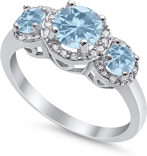 Vista 2 de Blue Apple Co. Anillo de boda con halo de 3 piedras, plata de ley 925 con circonita cúbica redonda simulada