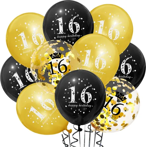 Vista 5 de Decoraciones de fiesta de cumpleaños número 16 para hombres y mujeres, negro y dorado, cartel de feliz cumpleaños negro y dorado, globos de feliz