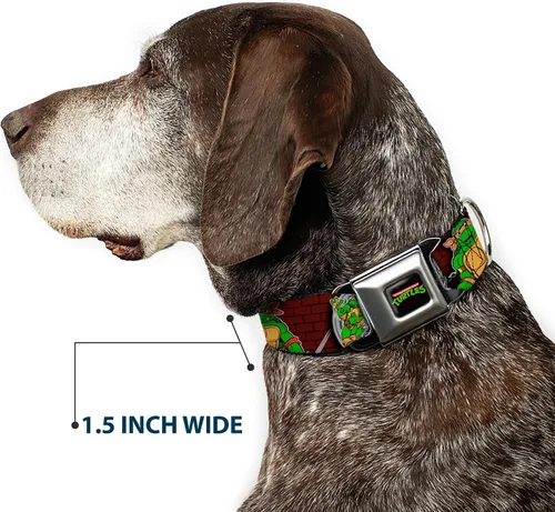 Vista 7 de Buckle-Down Collar de perro con hebilla de cinturón de seguridad, posturas clásicas de batalla TMNT/pose grupal, 7, 1 pulgada de ancho, se adapta a