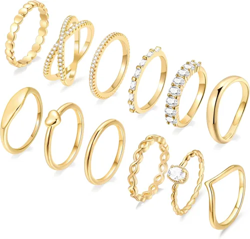 Vista 6 de FAXHION 12 piezas de anillos delicados de oro de 14 quilates para mujer, diseños cruzados de diamante simulado con giro grueso abierto de eternidad