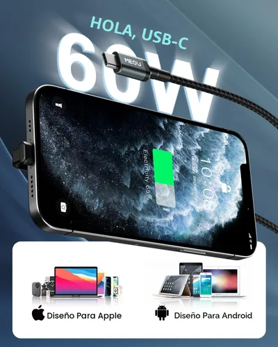 Vista 3 de Cable USB C de 1 pie, cable USB-C en ángulo recto, carga rápida de 60 W, nailon trenzado
