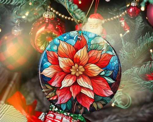 Vista 2 de Flores de Pascua de Navidad con vitrales, adorno de cerámica, adorno de cerámica, adorno de flores de pascua, adorno de flores de pascua, adorno