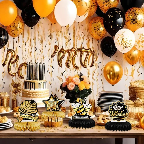 Vista 5 de 9 piezas de decoración de mesa de fiesta de cumpleaños, centros de mesa de panal de abeja de oro negro para mesa, decoración de mesa de cumpleaños