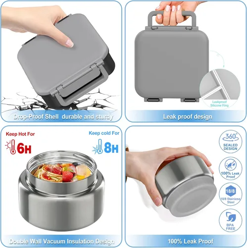 Vista 4 de Lonchera Bento para niños con contenedor térmico de sopa de 9 onzas, a prueba de fugas, 4 compartimentos con tarro de comida caliente aislado