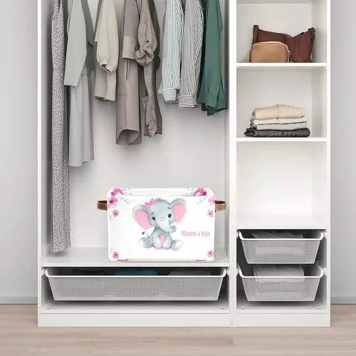 Vista 6 de Pink Elephant - Contenedores de almacenamiento personalizados, cestas organizadoras con asa para estantes, armario, guardería, juguetes, 1 paquete