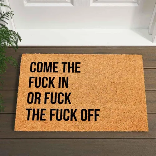 Vista 3 de Divertido tapete de fibra de coco con texto en inglés "Come The Fuck In Or Fuck The Fuck Off", decoración de porche delantero de bienvenida