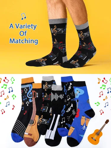 Vista 2 de 6 pares de calcetines musicales, regalos para hombres, divertidos calcetines temáticos de música, calcetines novedosos con notas de piano rocker