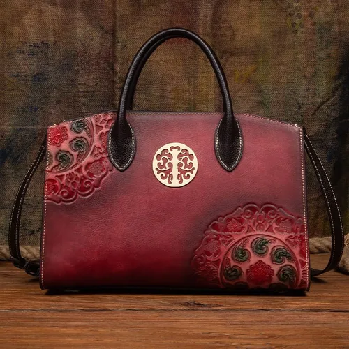 Vista 2 de Genuine Leather Floral Embossed Handbag for Women Handmade Vintage Tote Purse