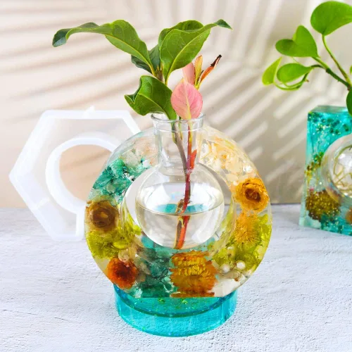 Vista 2 de Molde de resina epoxi de silicona hidropónica al por mayor Marco redondo Diseño nórdico Florero Planta Florero Molde de hormigón con botellas