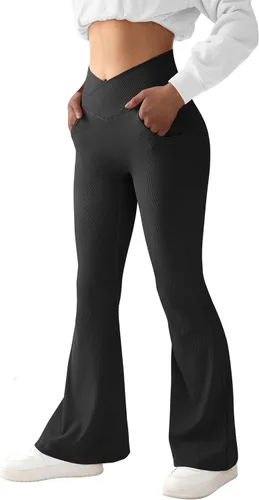 Vista 4 de MOOSLOVER Pantalones de yoga acanalados para mujer, con corte de bota, cintura alta, acampanados, leggings de entrenamiento