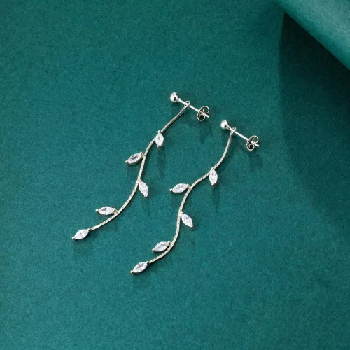 Vista 5 de SLUYNZ Solid 925 Sterling Silver CZ Droplet Dangle Earrings Chain for Women Teens Dainty Olive Leaf Dangling Earrings Elegant Wedding Bridal plata