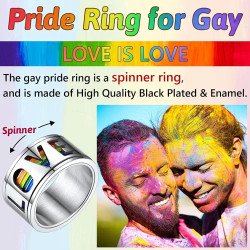 Vista 3 de FaithHeart Anillos para ansiedad LGBT Pride Rainbow, acero inoxidable/chapado en oro de 18 quilates, joyería de amor es amor para hombres y mujeres