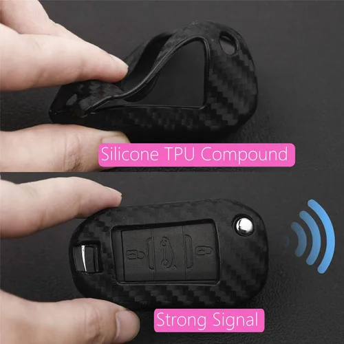 Vista 3 de Cubierta de patrón de textura de fibra de carbono de goma de silicona suave para Peugeot, funda de llavero remoto de coche para Peugeot 208 301 308