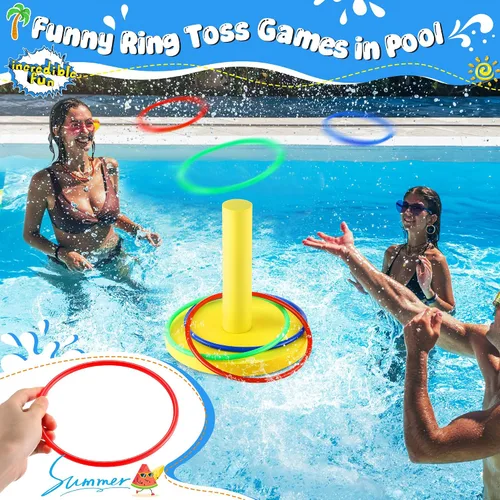 Vista 2 de Hiboom Juegos de lanzamiento de anillos de piscina, juegos de piscina para adultos y familia con 6 anillos de lanzamiento, juguetes flotantes