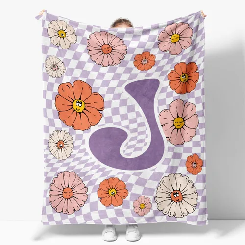 Vista 9 de Manta retro de los años 70 con inicial B floral a cuadros, groovy abstracta estética, manta de franela suave personalizada, regalos con monograma