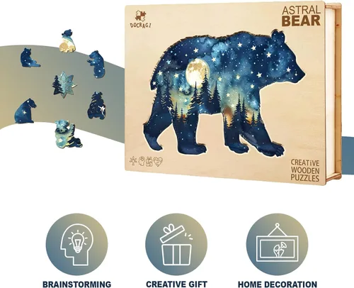 Vista 4 de Rompecabezas de Madera para Adultos - Rompecabezas de Madera de Oso Astral - Rompecabezas Únicos de Madera con Forma de Animal para Adultos
