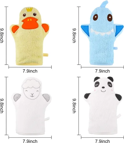 Vista 2 de Shappy 4 piezas de guantes de baño para bebé, guantes de panda para niños, toallas suaves para niños, diseñados en lindo animal, pato amarillo