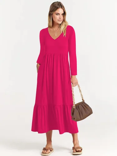 Vista 4 de Paintcolors Vestido largo casual de manga larga con cuello en V para mujer, vestido escalonado, color sólido, holgado, con vuelo, vestido midi