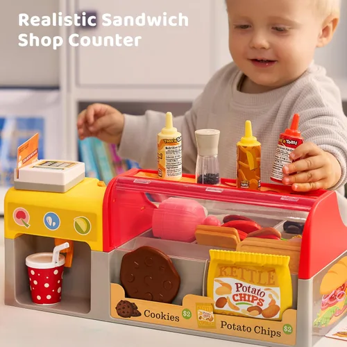 Vista 5 de Juguete de restaurante y comida de juego de simulación para niños, accesorios de cocina de juego incluyen sandwichera de juguete con rebanador