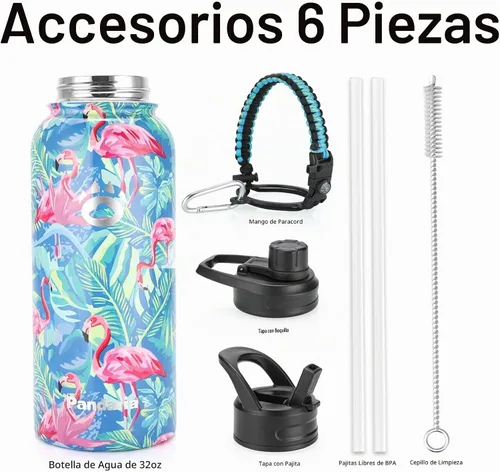 Vista 2 de Insulated Water Bottle 32oz, Stainless Steel Water Bottle with Straw & Spout Lids & Paracord Handle Flamenco