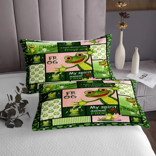 Vista 4 de Manfei Juego de colcha de verano con diseño de ranas de dibujos animados, diseño de animales de estanque, decoración de habitación de niños, niñas