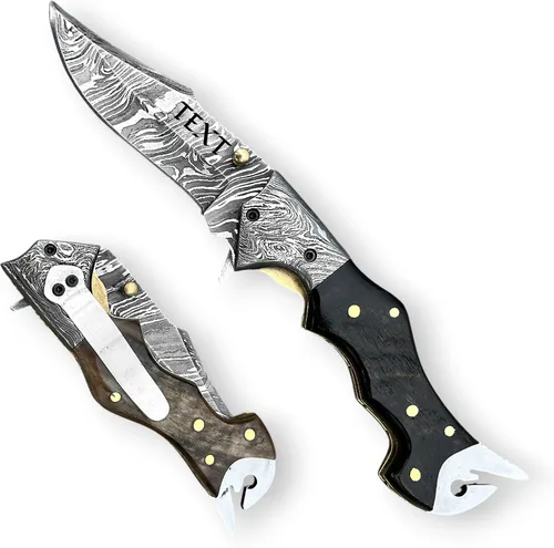 Vista 9 de WINTERFELL Cuchillo de bolsillo de acero de Damasco con mango de hueso de camello quemado con clip para cinturón, cuchillo de regalo personalizado