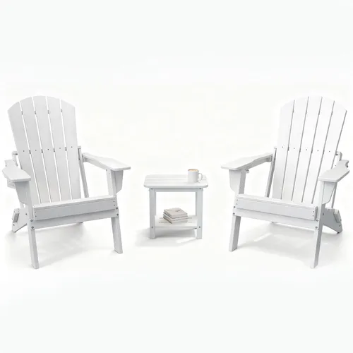 Vista 25 de Juego de sillas plegables Adirondack de 3 piezas, respaldo extra alto de 38 pulgadas y grano de madera en relieve, muebles de patio de polietileno