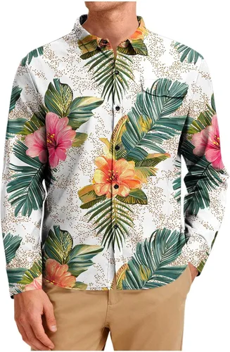 Vista 8 de Camisa hawaiana de manga larga con botones florales tropicales para hombre, camisas de playa con estampado de flores, camisas casuales de viaje