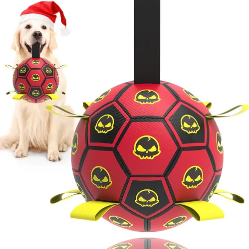 Vista 9 de Juguetes para perros con correas, pelota de fútbol de 6" Copa del Mundo, juguetes interactivos para perros para tirón de guerra, juego de jardín