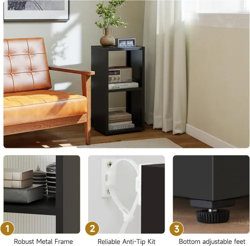 Vista 9 de Organizador de almacenamiento vertical de 2 cubos de metal, estantería corta negra con espalda abierta, estante de almacenamiento de cubo pequeño