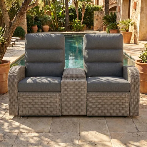 Vista 17 de LayinSun Sillón reclinable giratorio de mimbre de gran tamaño con respaldo ajustable y reposapiés, sillón reclinable para patio Gris