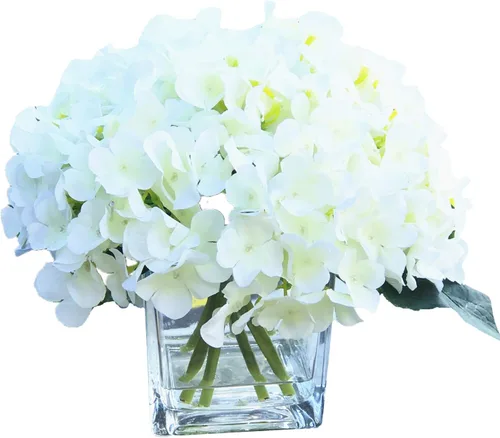 Vista 8 de Arreglos artificiales de flores de seda de hortensias en jarrón de vidrio cubo para boda casera