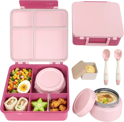 Vista 12 de Lonchera para niños con lonchera Bento con tarro de comida de 9 onzas, color negro Contenedor de almuerzo escolar a prueba de fugas de 4 azul