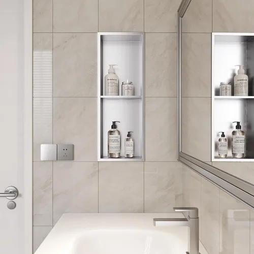 Vista 4 de Neodrain Nicho de ducha doble estante de acero inoxidable, no necesita azulejos, nichos de baño empotrados en la pared, nicho de pared empotrado