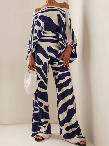 Vista 5 de REASERAL Conjunto de 2 piezas de verano para mujer, holgado, con hombros descubiertos, manga larga, casual, para salir, pantalones de pierna ancha