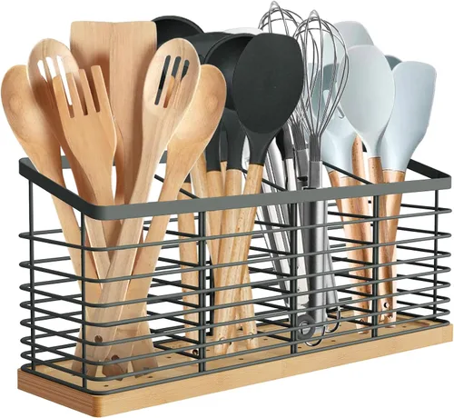 Vista 8 de Suli - Soporte extra grande para utensilios de cocina, 4 compartimentos, color negro Metal Utensil Holder with Wooden Base for Countertop, Rustic