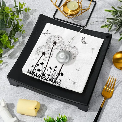 Vista 3 de AnyDesign Paquete de 100 servilletas de papel de diente de león, servilletas de almuerzo florales blancas y negras, desechables, decorativas