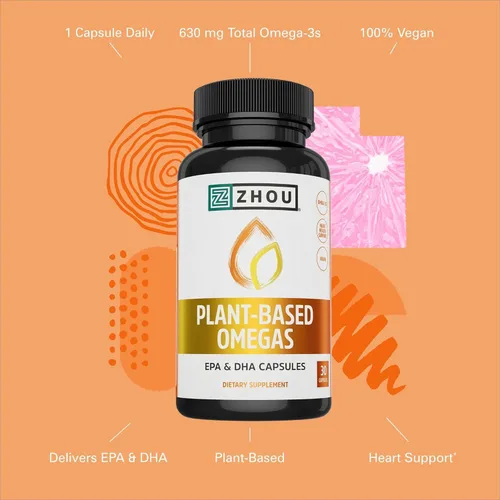 Vista 5 de Zhou Omegas a base de plantas - Suplemento vegano Omega 3 - 30 cápsulas vegetarianas