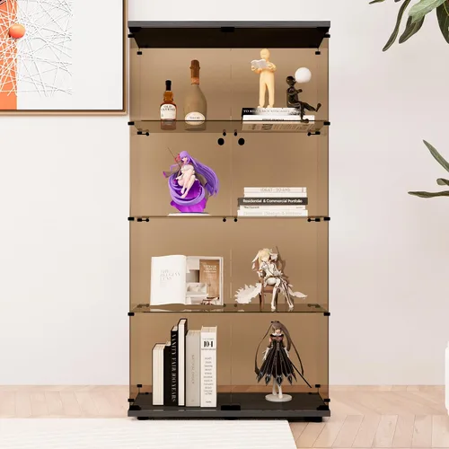 Vista 14 de Vitrina de cristal con luces LED y cerradura, vitrina Curio de 4 niveles con puerta de cristal, estantería de pie para sala de estar, dormitorio